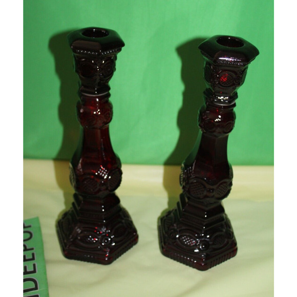 Ruby Red Glass Avon Cape Cod 1876 Pair Of Charisma Cologne Candlesticks Empty - Picture 1 of 16